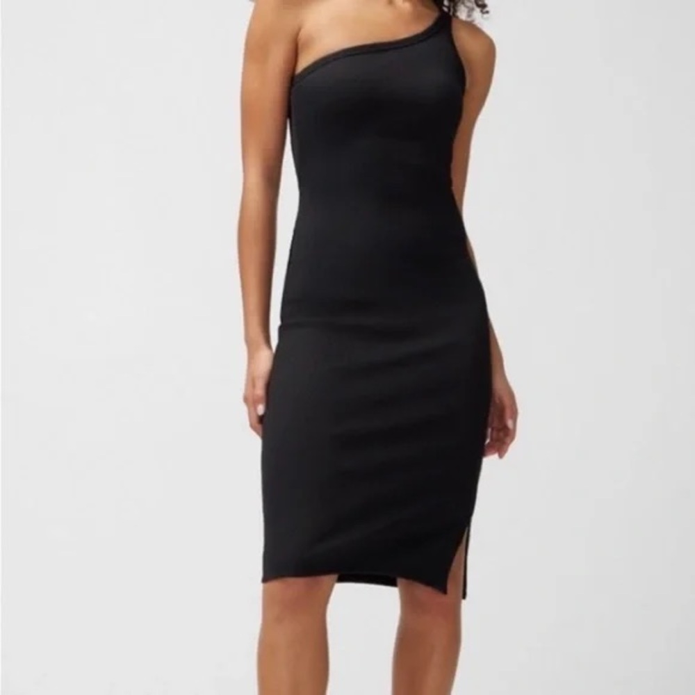WHBM Forme One-Shoulder Black Rib Midi Dress Size M NWOT